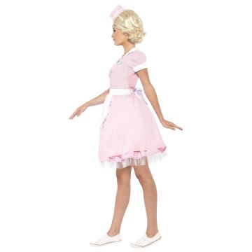 Adult 1950s Diner Waitress Costume - Pink Retro Soda Fountain Dress with Apron