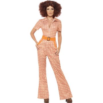 Womens retro jumpsuit costume in orange with cream geometric circle print and flared bell-bottom legs