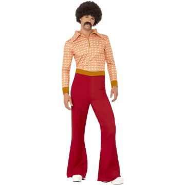 Adult woodstock costume with orange patterned shirt and burgundy bell-bottom trousers