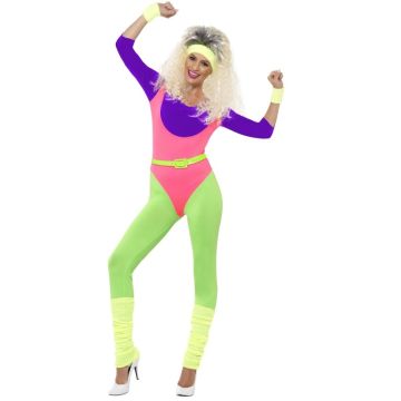 Womens 1980s fitness costume showing bold geometric color-blocked design
