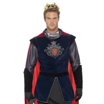 Deluxe medieval king costume showing embroidered crest and chainmail sleeves