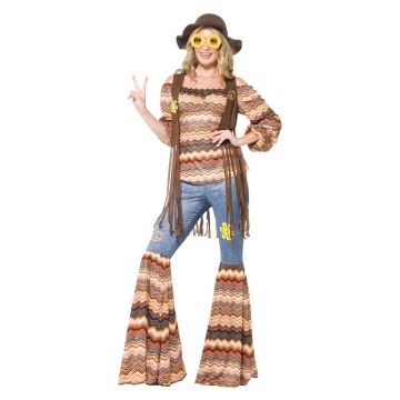 70s bell-bottom costume with earthy chevron pattern and long fringe waistcoat