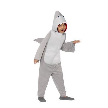 Kids grey shark costume full body jumpsuit with hood and fins front view