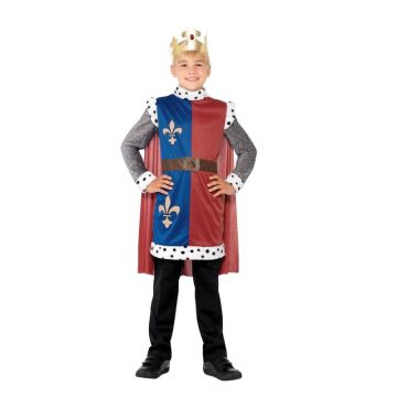 Kids King Arthur medieval costume with royal blue and red quartered tunic, floor-length cape, and gold crown