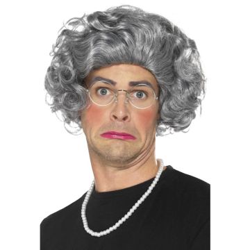 Adult granny hair wig with grey curls, wire-rim glasses and pearl necklace 3-piece costume accessory set