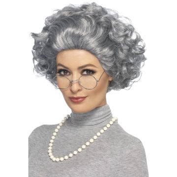 Adult Granny Hair Wig with Glasses and Pearl Necklace - 3-Piece Set