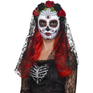 Day of the Dead Senorita Mask with Roses & Lace Veil – Full Face  cs44639