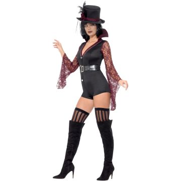 Womens Vampire Costume - Gothic Vampiress Bodysuit with Lace Sleeves & Hat
