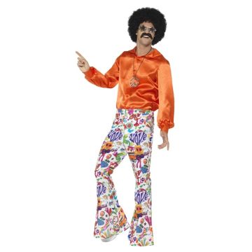 Adult mens 1970s hippie bell bottom trousers with psychedelic LOVE print in multi-colors