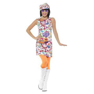 Women's 60s psychedelic hippie costume dress with peace sign and VW bus print, matching newsboy cap