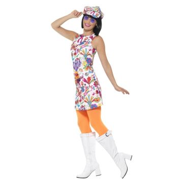 Women's 60s Psychedelic Hippie Costume Dress with Matching Cap