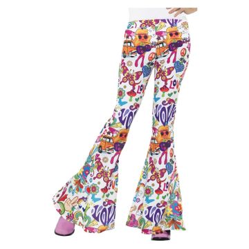 Womens 70s hippie flared trousers with psychedelic peace symbol print and bell-bottom flare