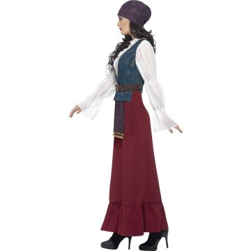 Caribbean Costume Womens Pirate Wench - Full-Length Burgundy & Teal Buccaneer Dress