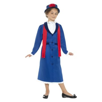 Child wearing Victorian nanny Book Week costume with flat-brimmed hat and fringed red scarf
