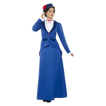 Victorian nanny costume showing peplum jacket with side bow detail and floor-length skirt