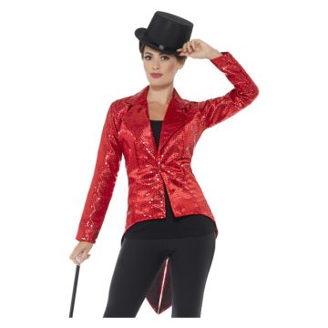 Fitted sequin ringmaster blazer with dramatic elongated tails and holographic finish