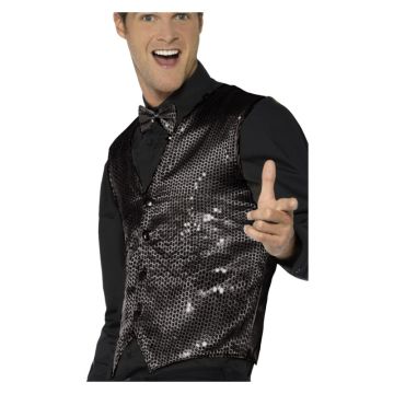 Adult Black Sequin Waistcoat with Satin Back - Showman Vest Costume