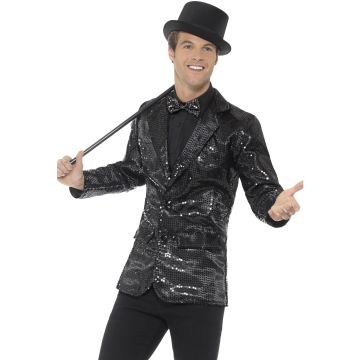 Adult showman blazer in black sequins with structured shoulders and flap pockets