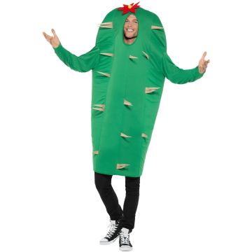 Adult cactus costume tabard in bright green with tan spike appliqués and red flower topper
