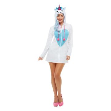 Womens white fleece unicorn costume dress with rainbow horn and blue faux fur mane hood