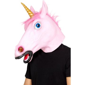 Adult Pink Unicorn Latex Mask with Horn and Mane