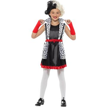 Close-up of spotted jacket overlay and red accents on girls villain costume dress