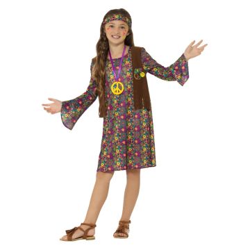Girls 60s hippie costume with psychedelic floral dress and fringed brown waistcoat