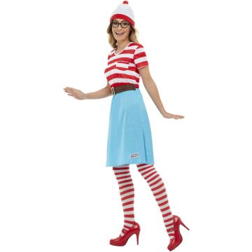 Womens Wenda Where's Wally costume with red white striped dress blue skirt