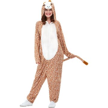 Adult giraffe costume full body jumpsuit with brown spots and 3D hooded face