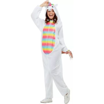 Full-body unicorn jumpsuit with hooded rainbow gradient design