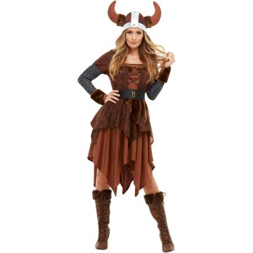 Adult Women's Viking Warrior Queen Costume with Horned Helmet
