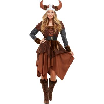 Norse shieldmaiden costume featuring chainmail-print sleeves, asymmetrical hem, and wide faux leather belt