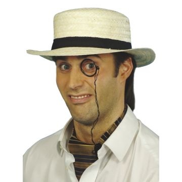 Adult straw boater costume hat with black ribbon band and flat crown