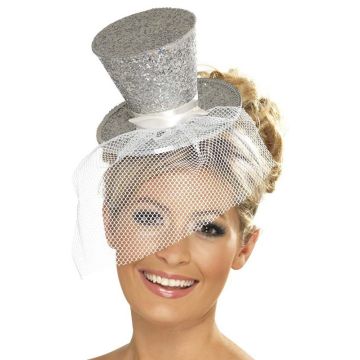 Silver glitter mini top hat headband with white mesh veil for 1920s costume