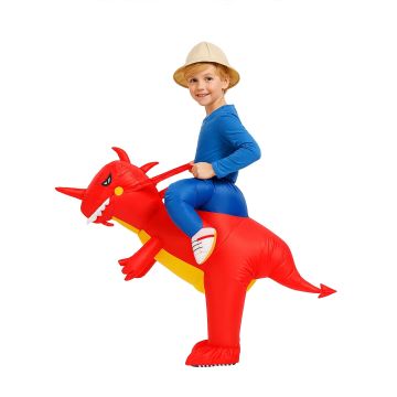 Kids inflatable T-Rex rider costume in red with blue jumpsuit and safari hat