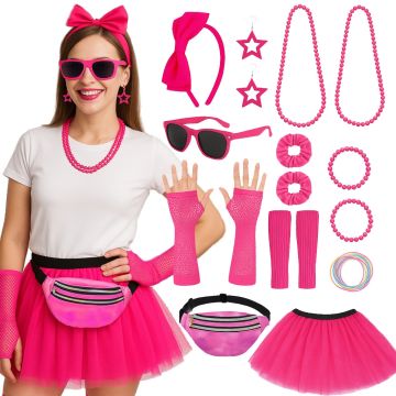 Womens 80s costume accessory set with pink tutu, fishnet gloves, neon sunglasses and leg warmers