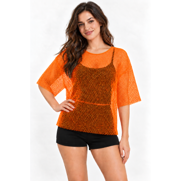 Adult 80s Orange Fishnet Mesh Top with Neon Beaded Accessories Set