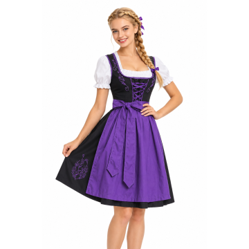 Womens Bavarian Beer Maid Costume - Purple Dirndl Dress with Apron