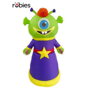 Adult inflatable alien costume with lime green body and purple dress