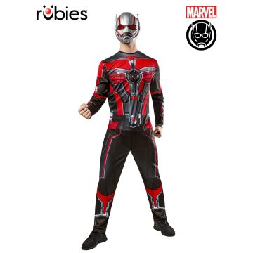 Adult Deluxe Ant-Man Costume with red and black printed jumpsuit and helmet