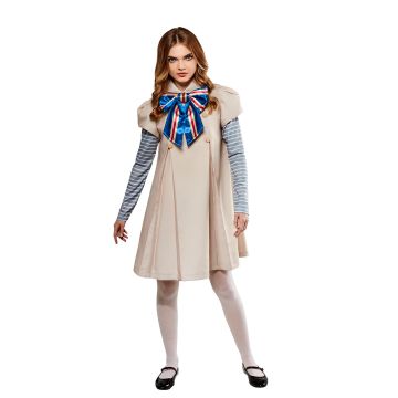 Adult Women's M3GAN Dress Costume - A-Line Doll Dress with Striped Sleeves and Bow
