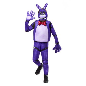 Child wearing Five Nights at Freddy's Bonnie costume with purple jumpsuit and character mask