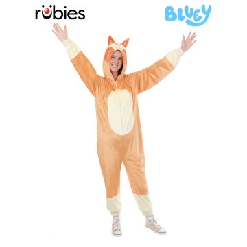 Adult Bingo Bluey costume deluxe plush hooded jumpsuit with Red Heeler spots