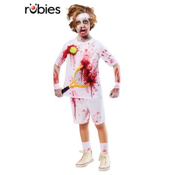 Child wearing white zombie tennis costume with blood splatter print and racquet detail