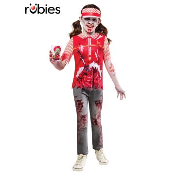 Kids zombie fast food worker costume with red tunic, blood splatter print and visor