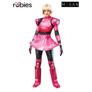 Adult M3GAN costume with pink and black digital-print dress and leggings