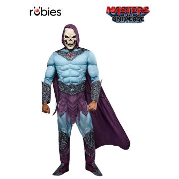 Adult deluxe Skeletor costume with muscle-padded jumpsuit and purple hooded cape