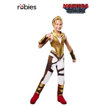 Girls Teela costume with gold armor jumpsuit and red boot covers