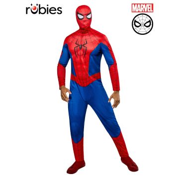 Adult Spider-Man costume full-body jumpsuit with red and blue web pattern and chest spider emblem