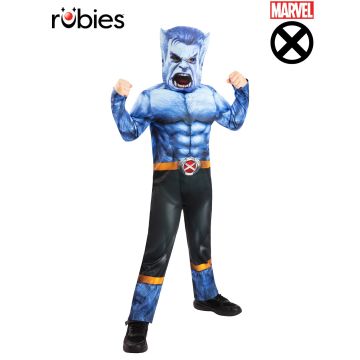 Kids Beast X-Men costume blue muscle jumpsuit with character mask front view